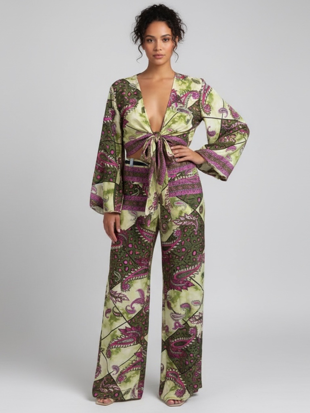 White Waves "Sundari" Tie-Front Top & Palazzo Pant Set